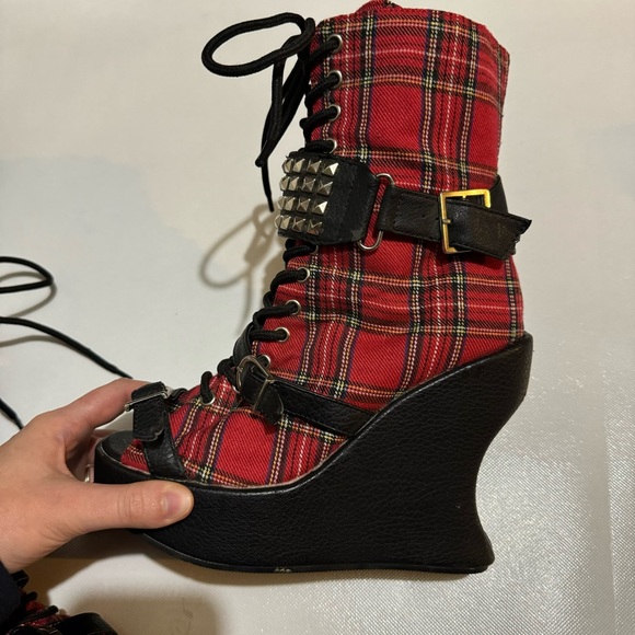 Demonic Red Plaid Tartan Wedge Peep Toe Lace Up Shoes Grunge Punk Gothic Size 7 - Picture 8 of 12